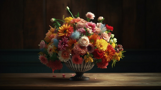 五颜六色的花束在复古花瓶中图片