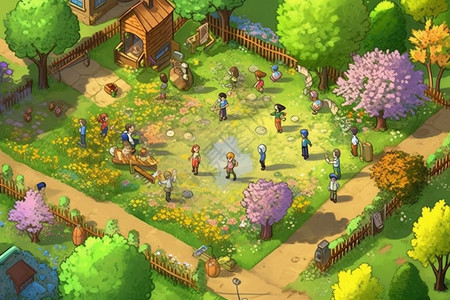 游戏中的房子花园中的一个个学生插画