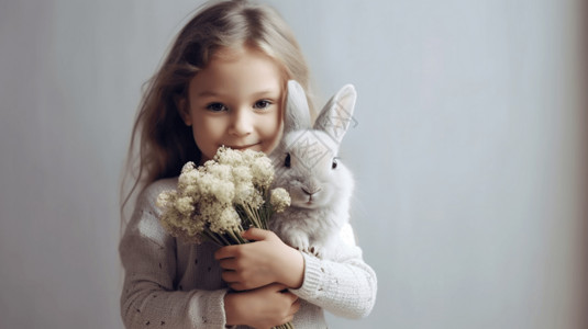 拿花朵小兔子小女孩怀里的花和兔子背景