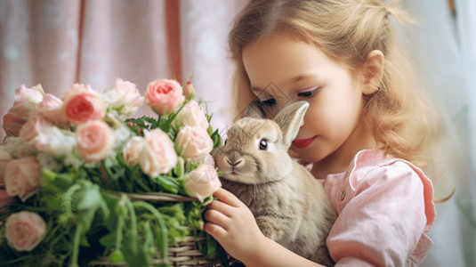 拿着铲子的兔子拿着花和兔子的小女孩背景