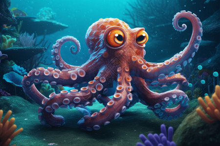 角色卡通在水中游乐的章鱼设计图片