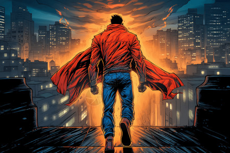 城市蜘蛛侠穿着红色披风的超人插画