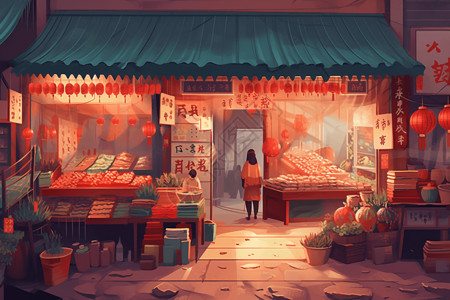 超市摊位有摊位和商品的市场插画