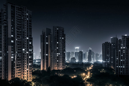 夜晚城市高耸的大楼图片