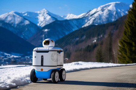 山区度假胜地现代的机器人快递员背景