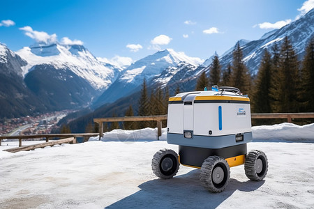 山区度假胜地机器人快递员送货到山区背景