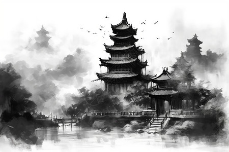 黑白水彩中式建筑背景图片