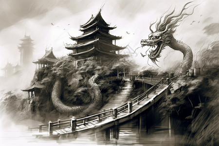 一幅中国寺庙的水墨画背景图片
