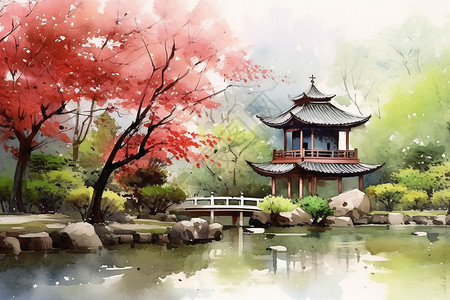 中国国花园宁静的花园和中式建筑插画