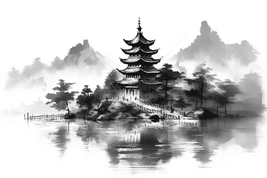 中国宝塔的宁静水墨画图片