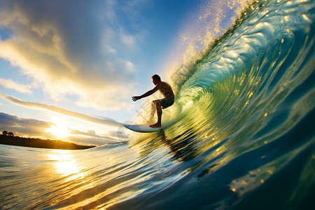浪海洋日落下冲浪的男性背景