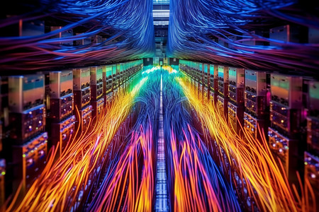 计算机中复杂的光纤布线背景图片