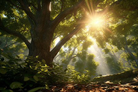 柔和的阳光透过树叶图片