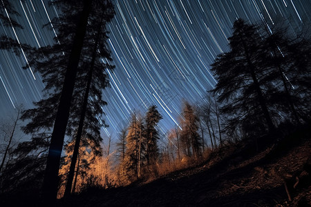 夜晚山坡晚上星空下的森林设计图片