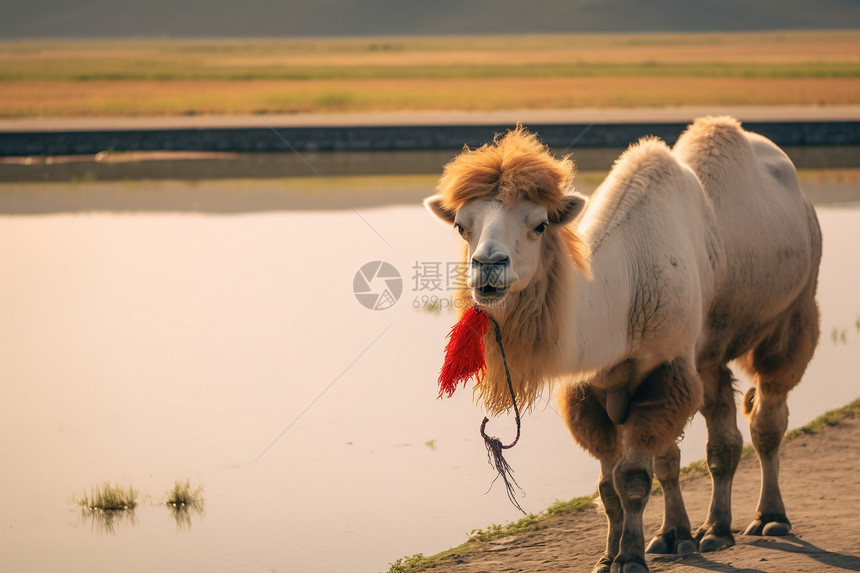 戈壁水旁的骆驼图片