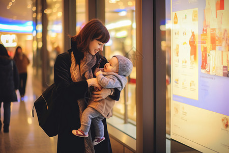 海报婴儿素材抱孩子逛街的母亲背景