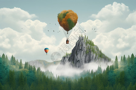 云海森林山峰云海的热气球插画