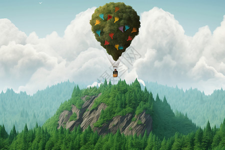 云海森林高山上空的热气球插画