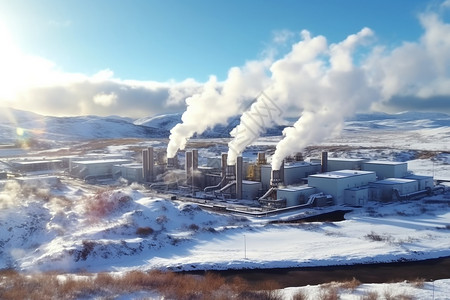 冬季地热工厂烟囱图片