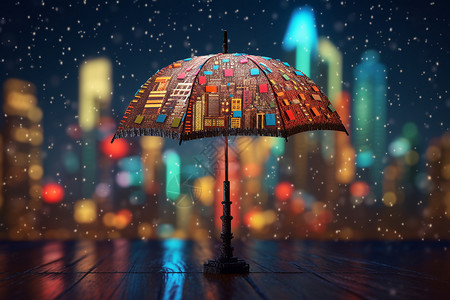 创意雨伞图案雨天城市背景前的雨伞设计图片