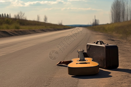 旅行箱和照相机马路上吉他和行李背景