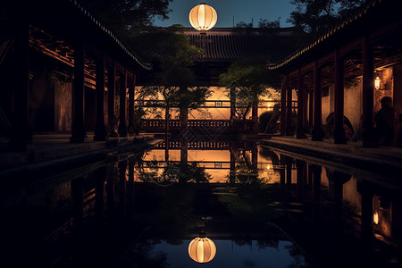 中国庭院室内晚上中国风格庭院背景