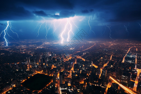暴雨前雷电的城市全景背景图片