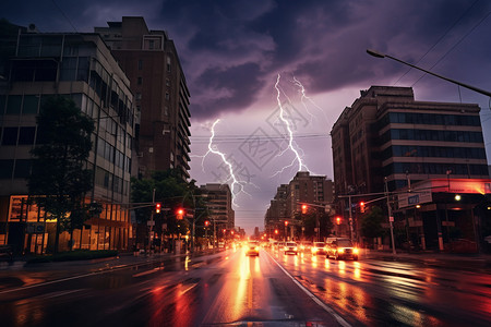 雷电下的城市景观高清图片