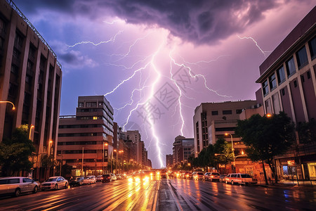 雷电下的城市风景背景图片