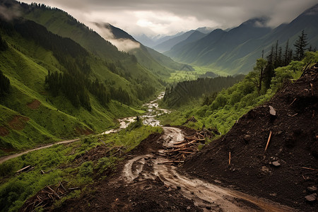 山体滑坡泥泞的山路背景图片