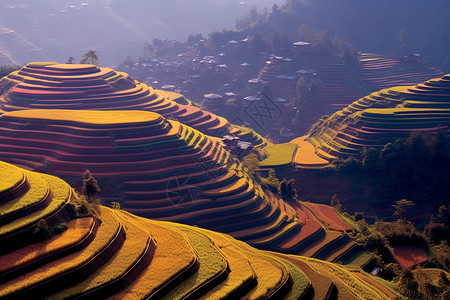丘陵丰富多彩的梯田里成熟的水稻背景
