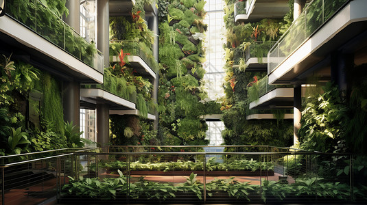 绿化室内挂满垂墙植物的建筑插画
