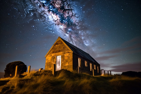 夜晚小屋晚上的星空设计图片