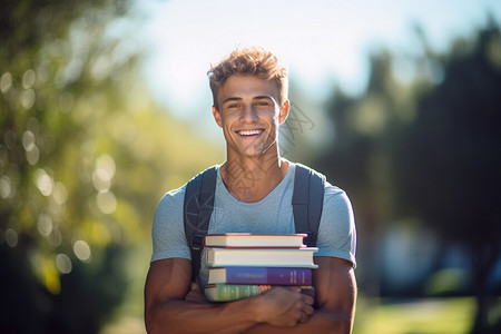 学生拿着一堆书图片