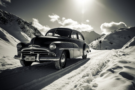复古汽车在雪山上图片