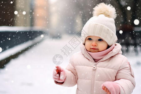 下雪街道上的小女孩图片