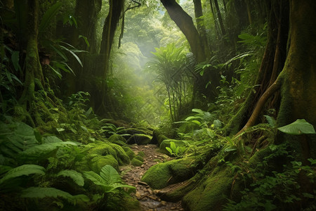 棕榈叶子绿意盎然充满植被的森林背景