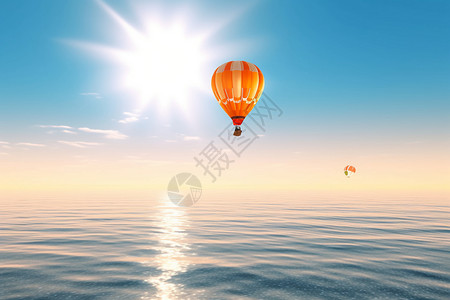 海面上的阳光缓缓上升的热气球插画