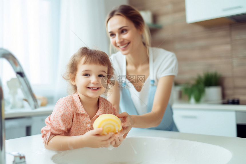 用海绵给孩子洗手的母亲图片