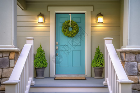 小清新植物花环蓝色的木门背景
