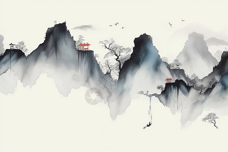 中国画树中国风山水画背景墙背景