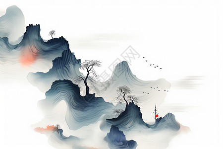 山峰层次层次变化的山峰水墨画插画