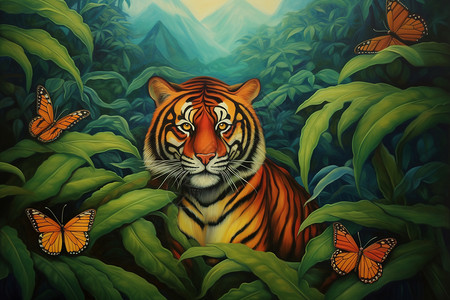 老虎与蝴蝶手绘背景图片