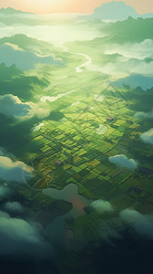 水稻生长从云层上方看到的稻田插画