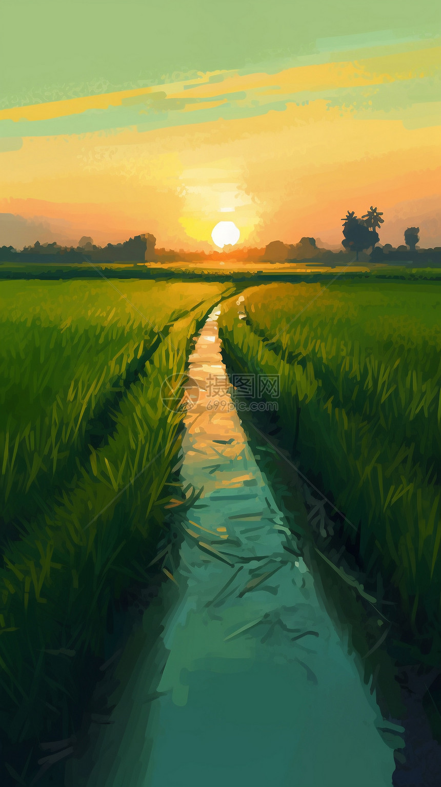 落日下的稻田图片
