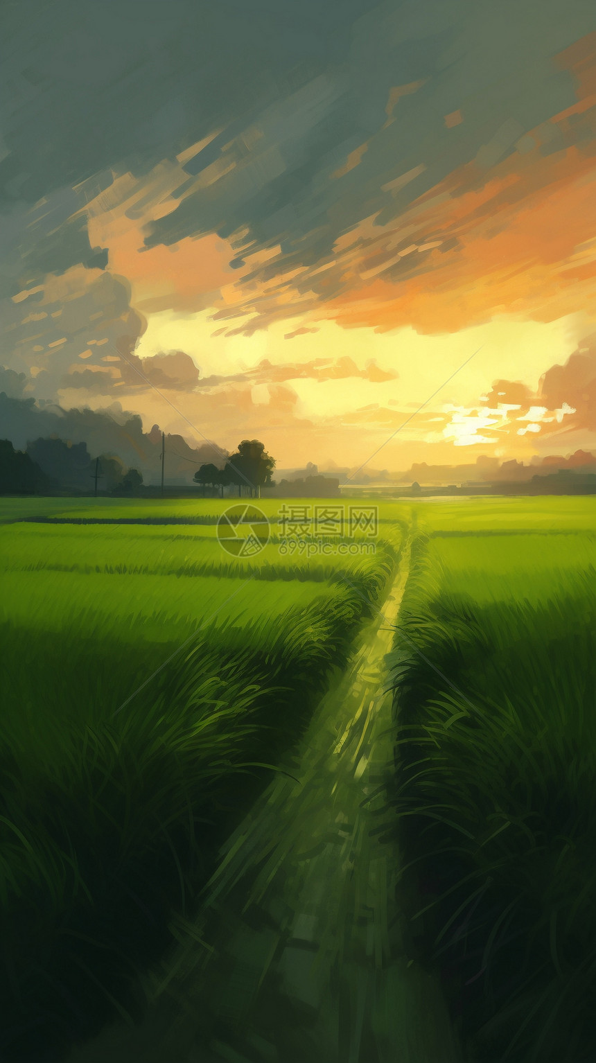 一片宁静的绿色稻田图片