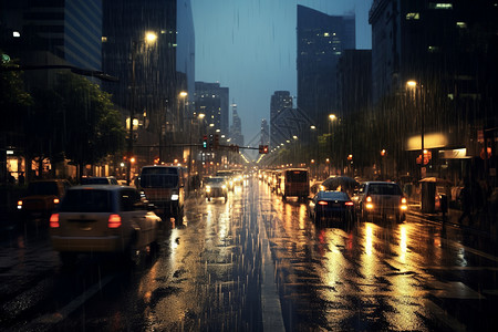 景观雨天夜晚的雨中城市背景