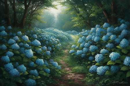 花园中盛开的蓝色花朵图片