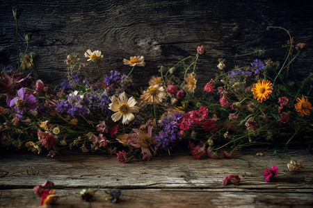 质朴的木马车在纹理和质朴的木制背景下的花朵插画