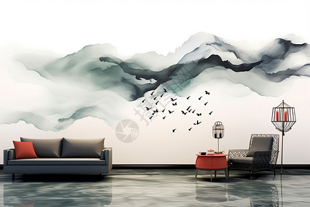 中国风沙发好看的室内画插画